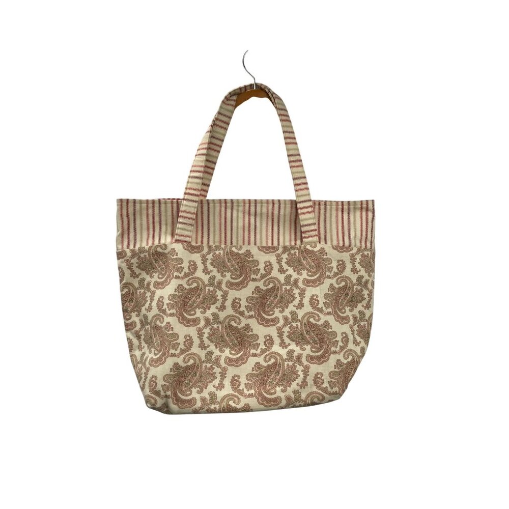 Fabric Tote Used Striped Paisley Gingham Red Beige Excellent Condition